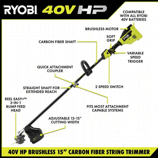RYOBI 40V HP Brushless Cordless Carbon Fiber Shaft Attachment String Trimmer 4.0 Ah Battery Charger