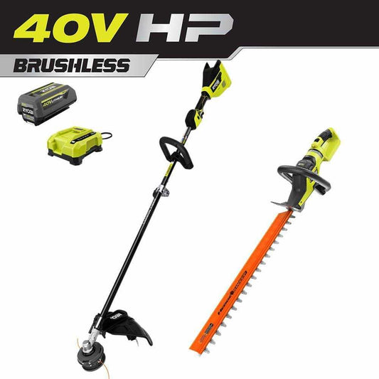 RYOBI 40V HP Brushless Cordless Carbon Fiber Shaft Attachment String Trimmer 4.0 Ah Battery Charger