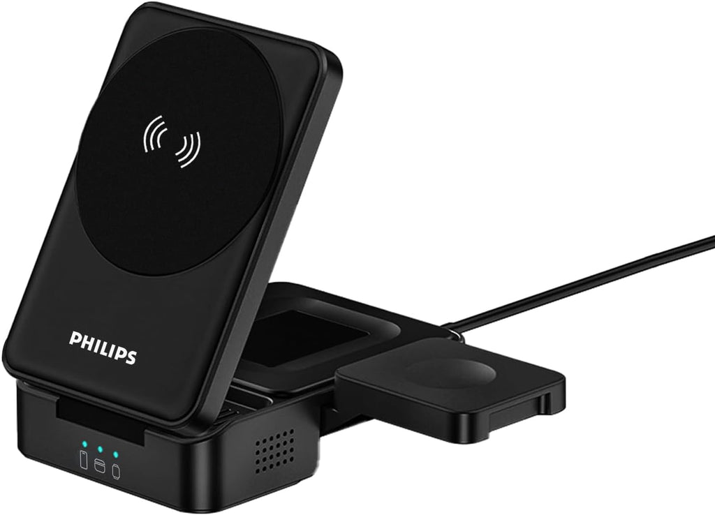 PHILIPS 3 in 1 Wireless Charging Station with Magsafe Qi | iPhone 17 Air 16 | iWatch | Airpod | Multiple Charger Devices Station| Desktop/Portable Foldable Reliable 3X Devices with Ring & Decal (V2)