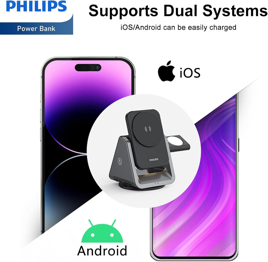 PHILIPS 3 in 1 Wireless Charging Station with Magsafe Qi | iPhone 17 Air 16 | iWatch | Airpod | Multiple Charger Devices Station| Desktop/Portable Foldable Reliable 3X Devices with Ring & Decal (V2)