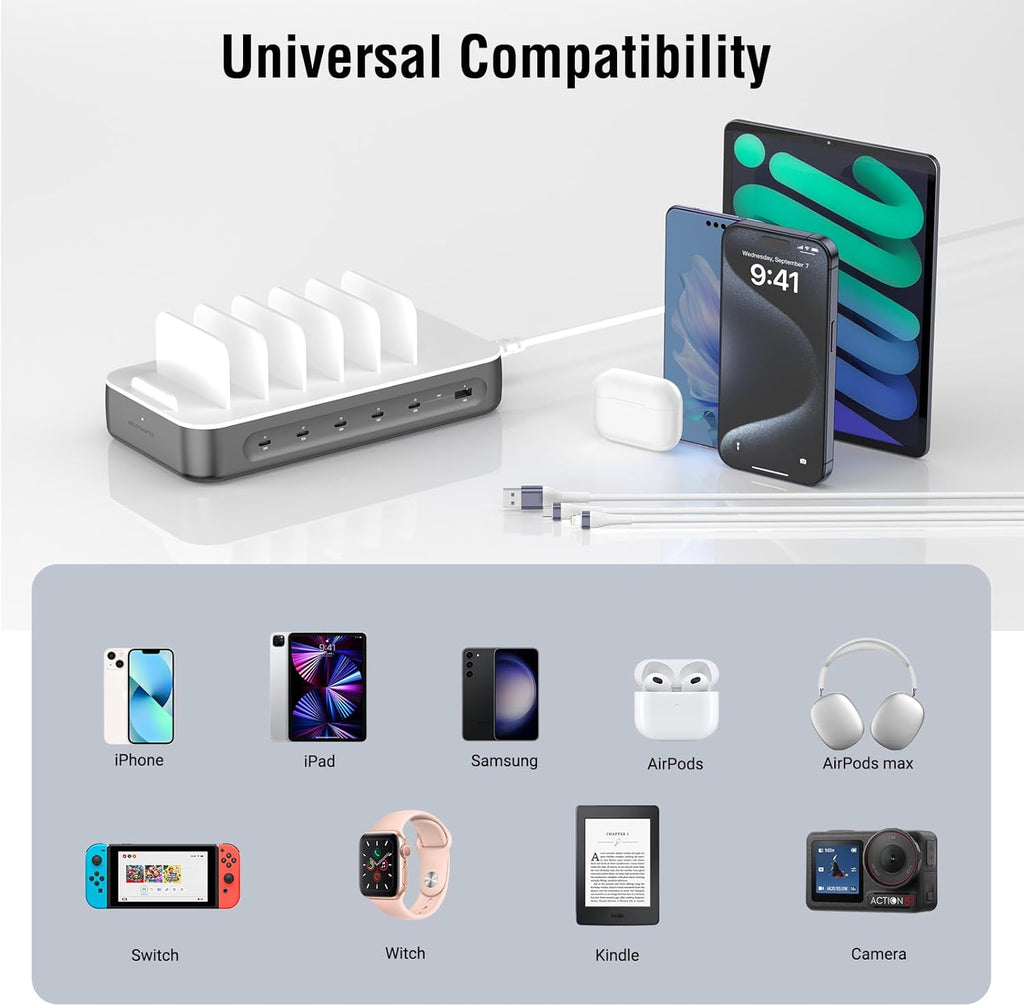 4smarts 100W USB C Charging Station for Multiple Devices, 6 Port Multi Device Fast Charging Hub, Office & Home Workstations for iPhone iPad Tablets Android Devices Space Grey (6 Cables Included)