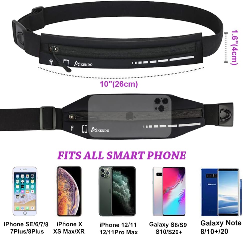 Slim Running Belt Fanny Pack for Women Men, Phone Holder Runners Pouch Waist Belt for Workout Jogging, Money Belt Running Gift Gear Accessories, Black, One Size, Fashion