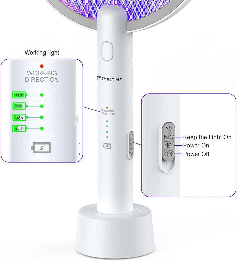 TMACTIME Electric Fly Swatter,4000V Electric Bug Killer with USB Charging 3 Layer Mesh Outdoor Indoor Fly Swatter Electric Zapper for Mosquitoes,Bees,Moths (White)