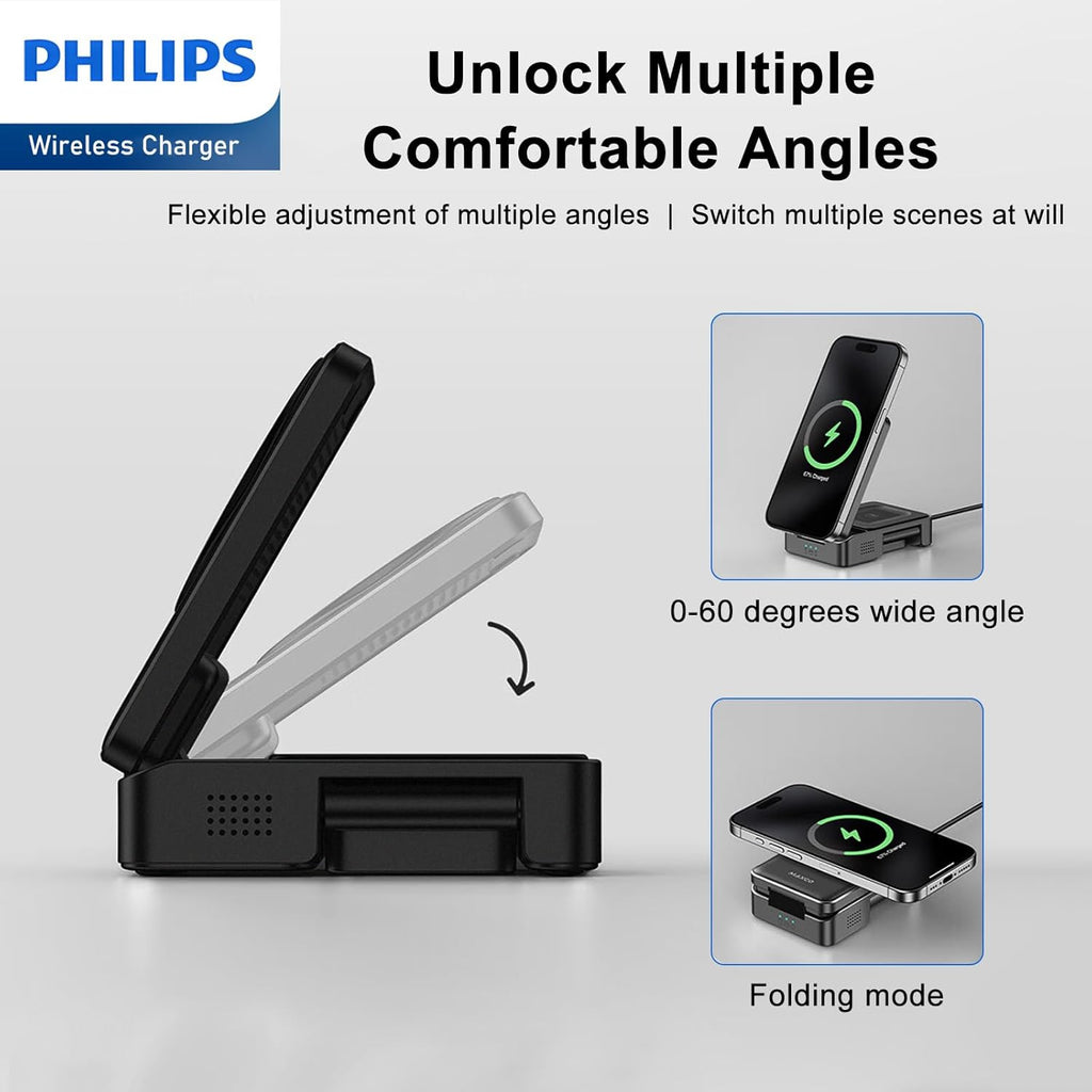 PHILIPS 3 in 1 Wireless Charging Station with Magsafe Qi | iPhone 17 Air 16 | iWatch | Airpod | Multiple Charger Devices Station| Desktop/Portable Foldable Reliable 3X Devices with Ring & Decal (V2)