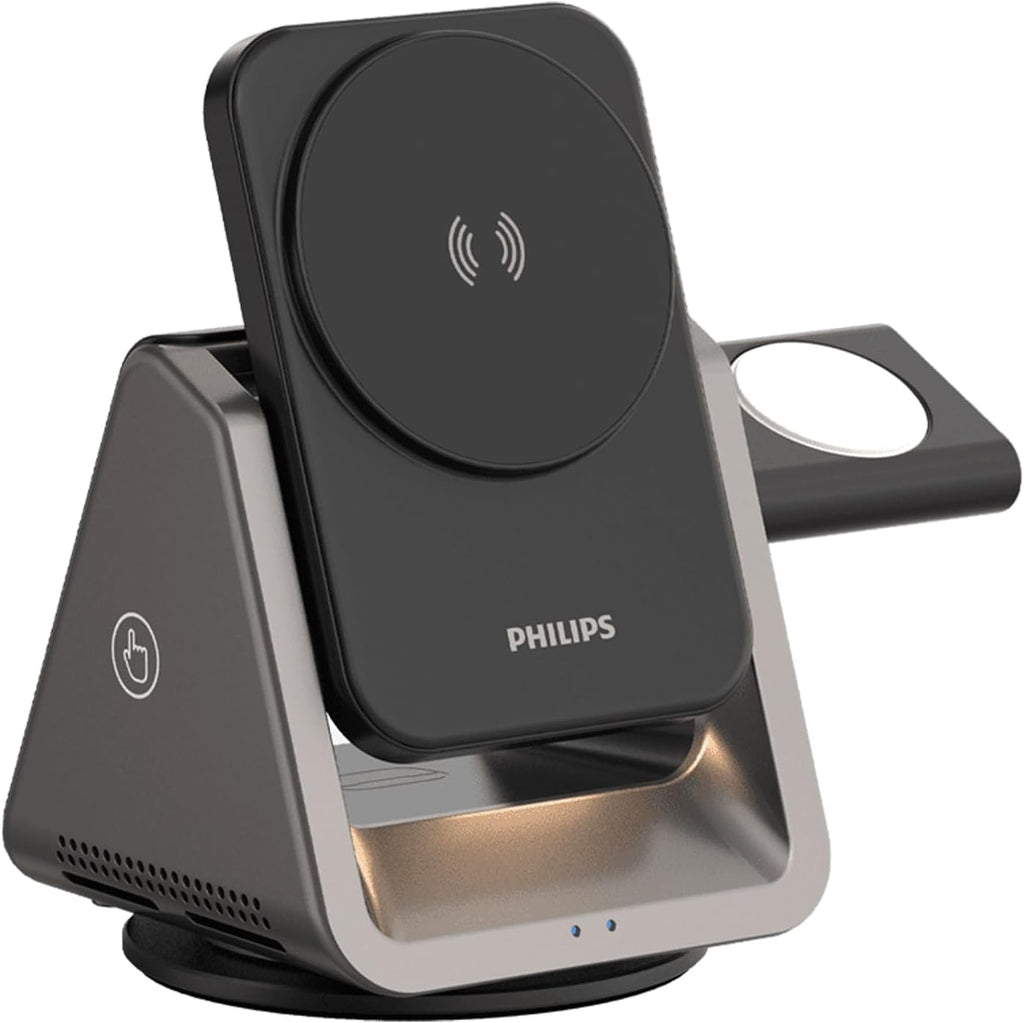 PHILIPS 3 in 1 Wireless Charging Station with Magsafe Qi | iPhone 17 Air 16 | iWatch | Airpod | Multiple Charger Devices Station| Desktop/Portable Foldable Reliable 3X Devices with Ring & Decal (V2)