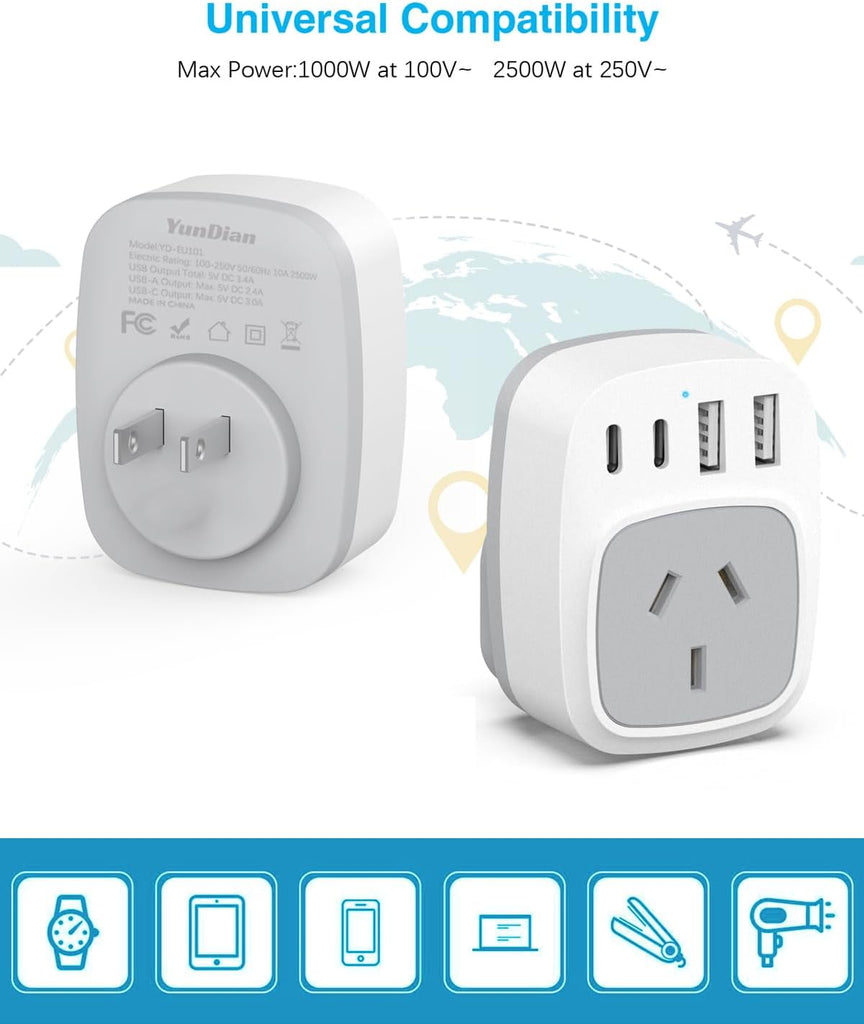 Japan Travel Adapter, AU to Japan Plug Adapter Type A Travel Power Plug for Japan,Philippines,Canada,Mexico,China,Jamaica,Peru and More-White