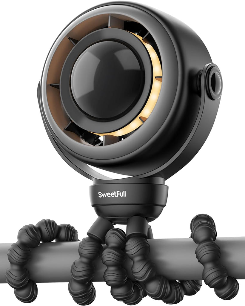 SWEETFULL Portable Pram Fan, 4 Speed Baby Stroller Fan, 360° Rotate Clip on Fan with LED Display & Night Light, 4000mAh Rechargeable Quiet Mini Safe Fan for Desk, Car Seat, Hand, Travel, Black