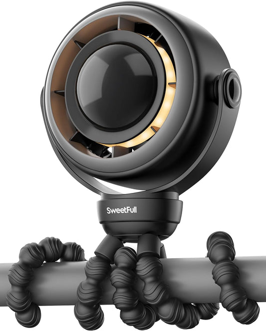 SWEETFULL Portable Pram Fan, 4 Speed Baby Stroller Fan, 360° Rotate Clip on Fan with LED Display & Night Light, 4000mAh Rechargeable Quiet Mini Safe Fan for Desk, Car Seat, Hand, Travel, Black