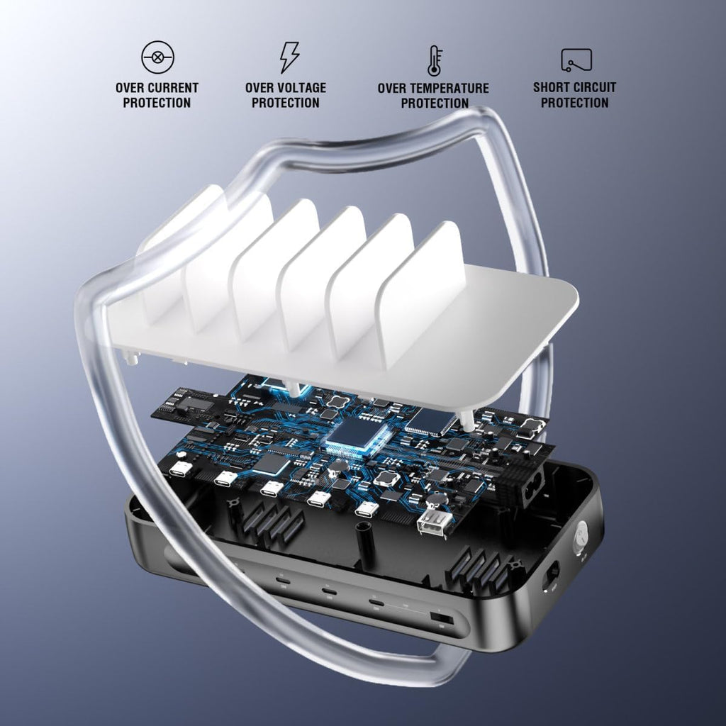 4smarts 100W USB C Charging Station for Multiple Devices, 6 Port Multi Device Fast Charging Hub, Office & Home Workstations for iPhone iPad Tablets Android Devices Space Grey (6 Cables Included)