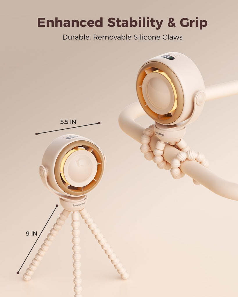 SWEETFULL Portable Pram Fan, 4 Speed Baby Stroller Fan, 360° Rotate Clip on Fan with LED Display & Night Light, 4000mAh Rechargeable Quiet Mini Safe Fan for Desk, Car Seat, Hand, Travel, Black