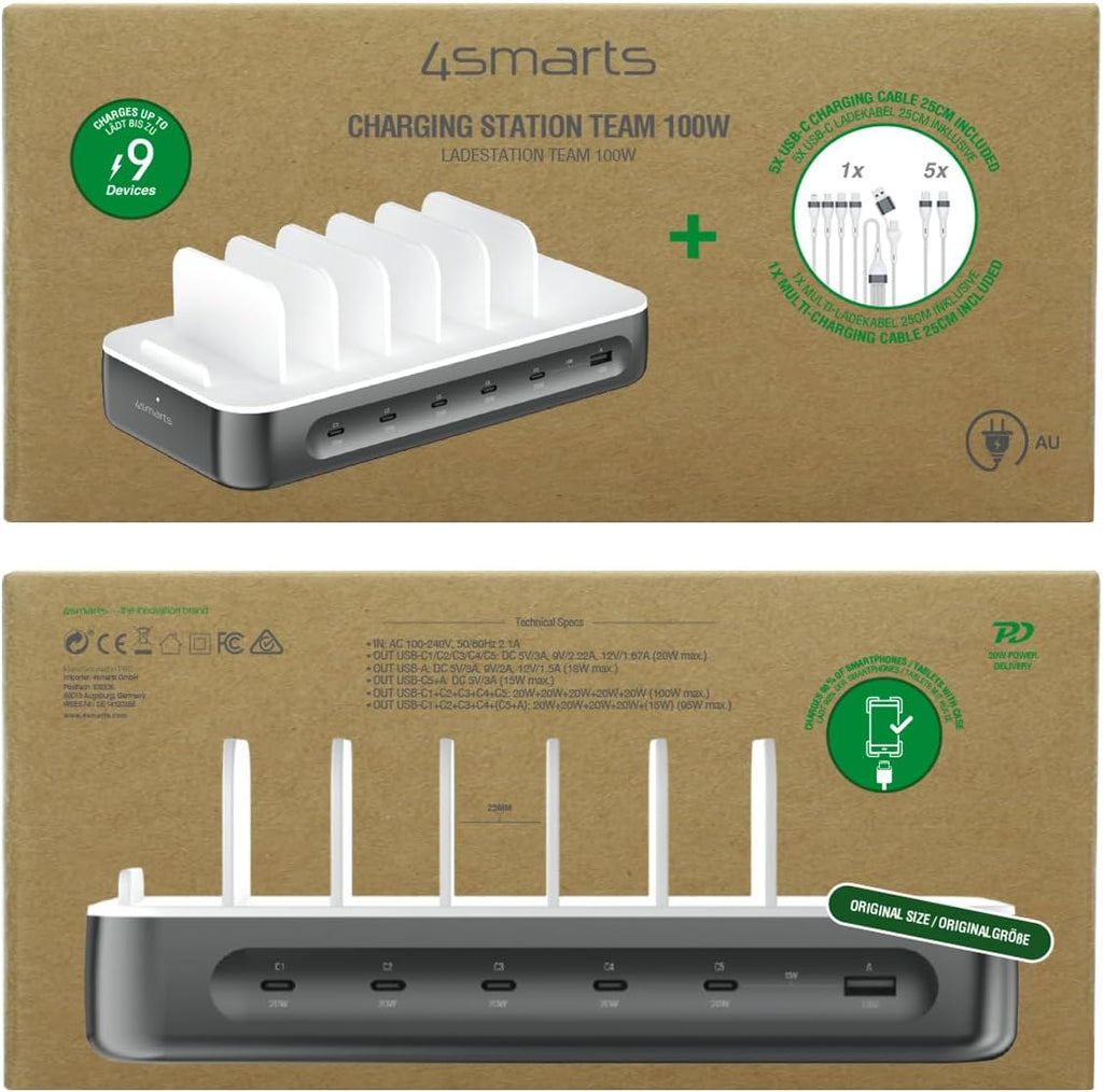 4smarts 100W USB C Charging Station for Multiple Devices, 6 Port Multi Device Fast Charging Hub, Office & Home Workstations for iPhone iPad Tablets Android Devices Space Grey (6 Cables Included)