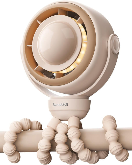 SWEETFULL Portable Pram Fan, 4 Speed Baby Stroller Fan, 360° Rotate Clip on Fan with LED Display & Night Light, 4000mAh Rechargeable Quiet Mini Safe Fan for Desk, Car Seat, Hand, Travel, Black