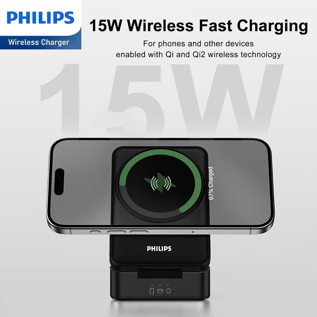 PHILIPS 3 in 1 Wireless Charging Station with Magsafe Qi | iPhone 17 Air 16 | iWatch | Airpod | Multiple Charger Devices Station| Desktop/Portable Foldable Reliable 3X Devices with Ring & Decal (V2)