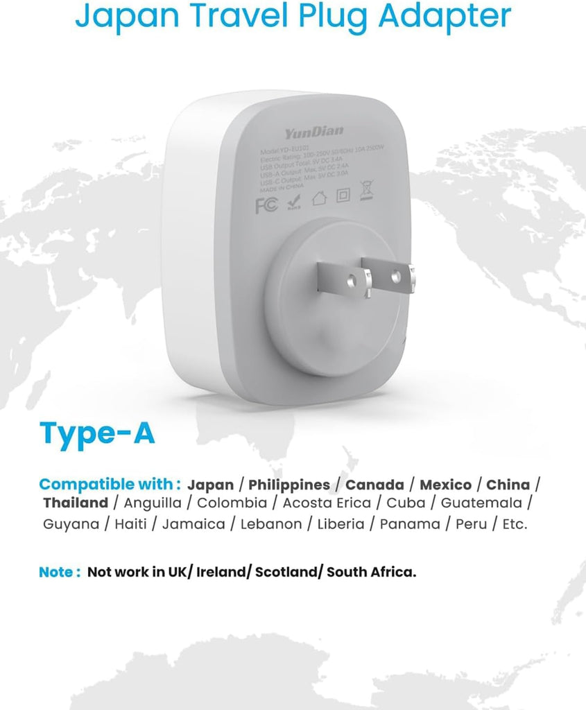 Japan Travel Adapter, AU to Japan Plug Adapter Type A Travel Power Plug for Japan,Philippines,Canada,Mexico,China,Jamaica,Peru and More-White
