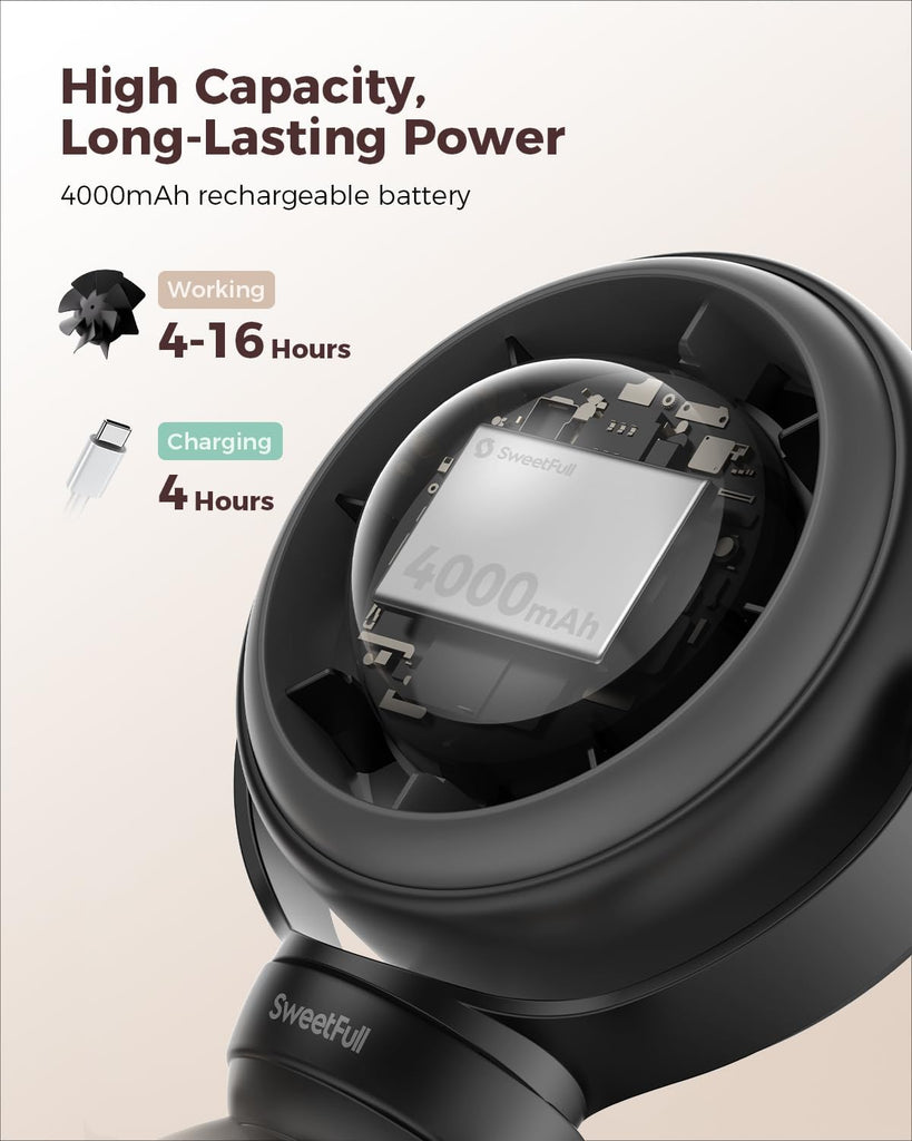 SWEETFULL Portable Pram Fan, 4 Speed Baby Stroller Fan, 360° Rotate Clip on Fan with LED Display & Night Light, 4000mAh Rechargeable Quiet Mini Safe Fan for Desk, Car Seat, Hand, Travel, Black