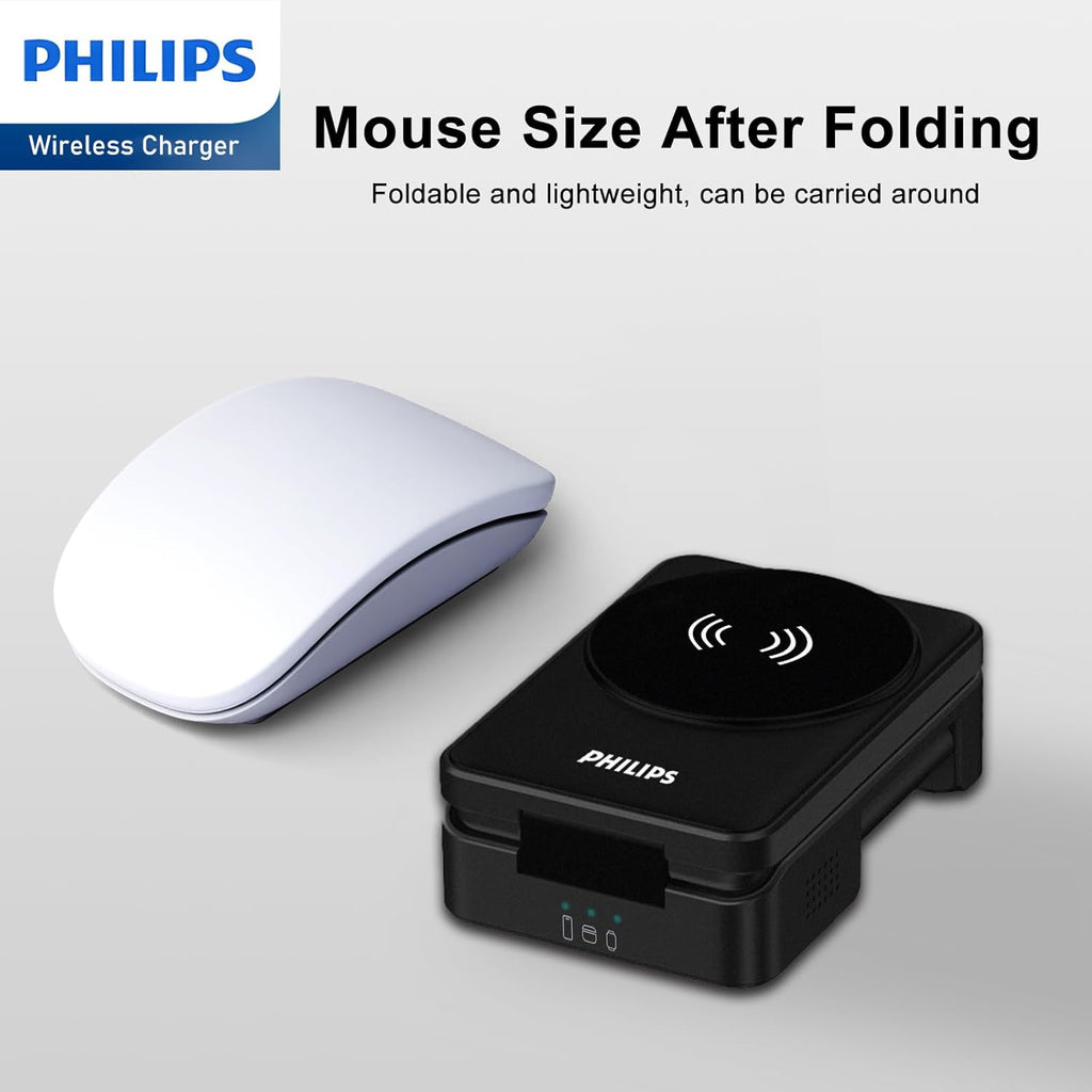 PHILIPS 3 in 1 Wireless Charging Station with Magsafe Qi | iPhone 17 Air 16 | iWatch | Airpod | Multiple Charger Devices Station| Desktop/Portable Foldable Reliable 3X Devices with Ring & Decal (V2)