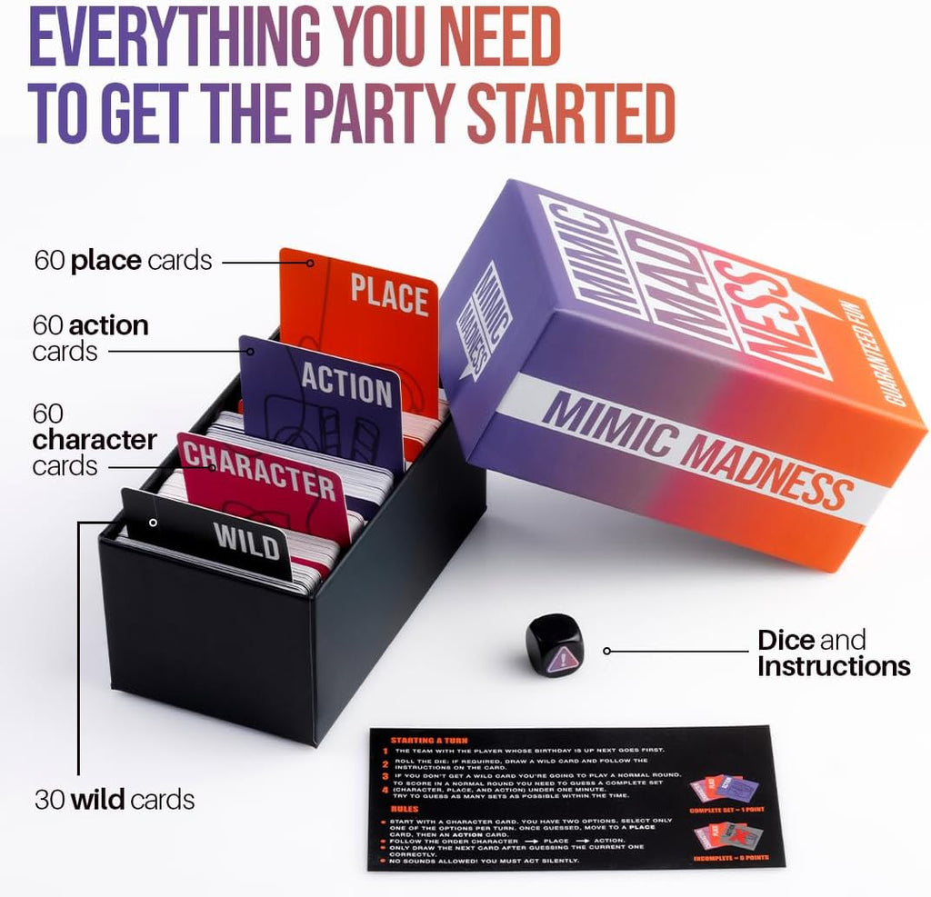 Why Don't We Nights Mimic Madness Game, Charades with 3 Categories: Characters, Place, Action