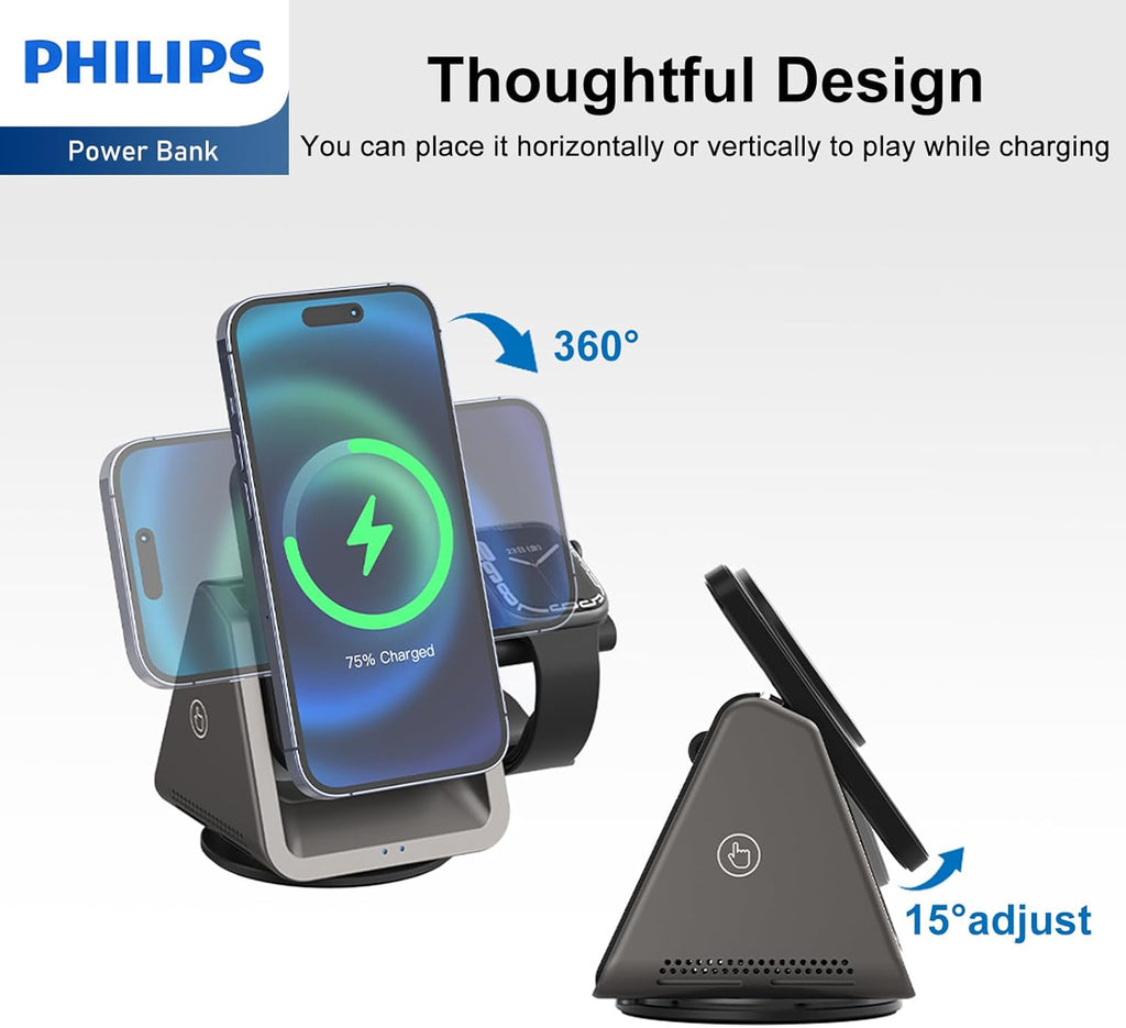 PHILIPS 3 in 1 Wireless Charging Station with Magsafe Qi | iPhone 17 Air 16 | iWatch | Airpod | Multiple Charger Devices Station| Desktop/Portable Foldable Reliable 3X Devices with Ring & Decal (V2)