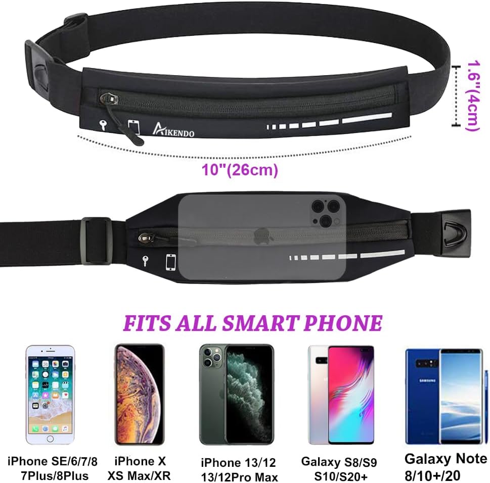 Slim Running Belt Fanny Pack for Women Men, Phone Holder Runners Pouch Waist Belt for Workout Jogging, Money Belt Running Gift Gear Accessories, Black, One Size, Fashion