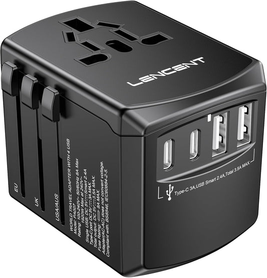 LENCENT Universal Travel Adapter, International Charger with 2 USB Ports and Type-C PD Fast Charging Adaptor for iPhone, Tablet, Gopro. for Over 200 Countries Type A/C/G/I (USA, Japan, UK, EU, AUS)