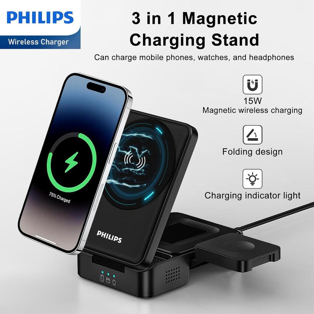 PHILIPS 3 in 1 Wireless Charging Station with Magsafe Qi | iPhone 17 Air 16 | iWatch | Airpod | Multiple Charger Devices Station| Desktop/Portable Foldable Reliable 3X Devices with Ring & Decal (V2)
