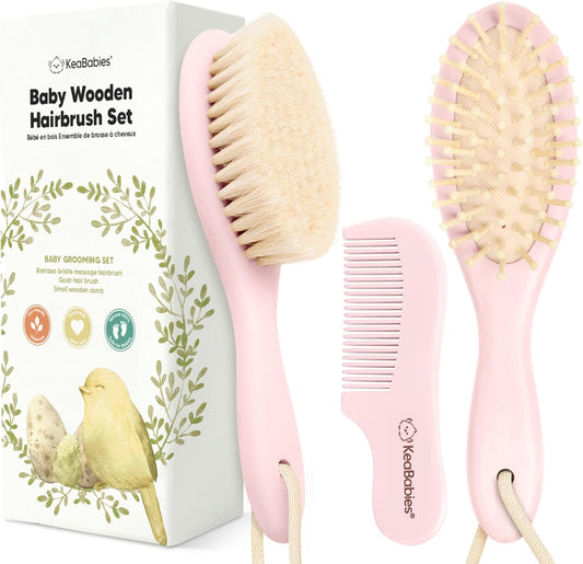 Baby Hair Brush Set for Newborns - Soft Goat Bristle Wooden Baby Brush and Comb Set Newborn Grooming Kit for Cradle Cap, Durable & Gentle, Boy, Girl Infant Essentials Care Kit (Oval, Walnut)