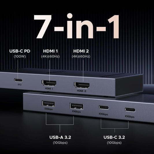 UGREEN Revodok Pro 207 USB C Docking Station Dual Monitor, 7-in-1 Dock with 4K@60Hz HDMI, 10Gbps 2 Type C and A Data Ports, 100W PD Port for PC, Laptop, Dell XPS, HP, Thinkpad, and More
