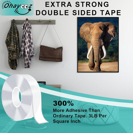 Extra Strong Double Sided Tape Heavy Duty Removable 10FT, Clear Sticky Adhesive Nano Tape Tough Washable Waterproof Mounting Tape for Hanging Picture, Poster, Carpet, Photo Deco