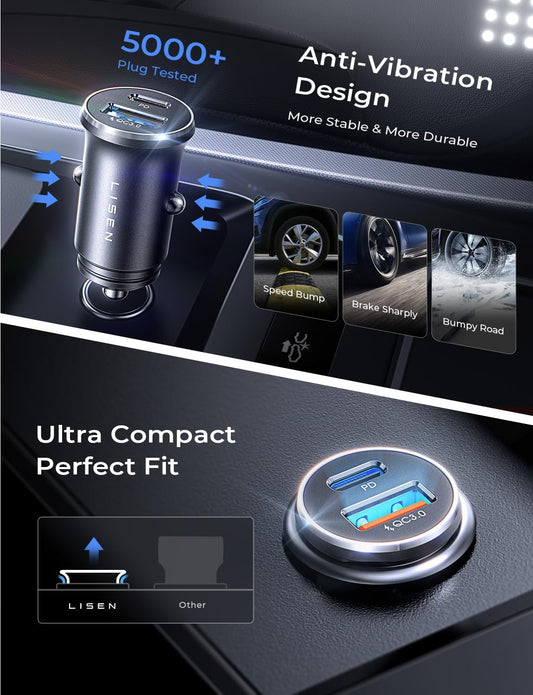 LISEN Car Charger USB C Super Mini Fast Charging PD36W&QC3.0 18W Dual Port 12V Socket Outlet Cigarette Lighter Adapter Tpye C, Car Accessories for iPhone 17 16 15 Pro Max Plus Galaxy S25 iPad Pro