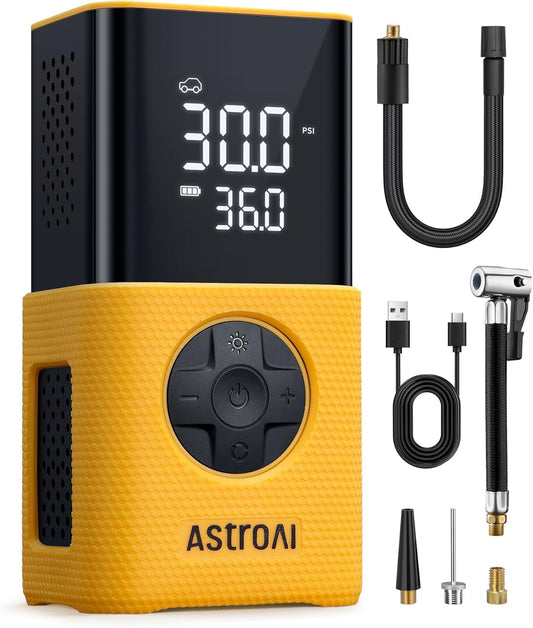 AstroAI Tyre Inflator Cordless Air Compressor, Portable Electric Bike Pump 150 PSI, with Digital Dual Values Display, Pressure Gauge, LEDLight, Rechargeable Tyre Pump for Car, Bike, Motorbike, Ball