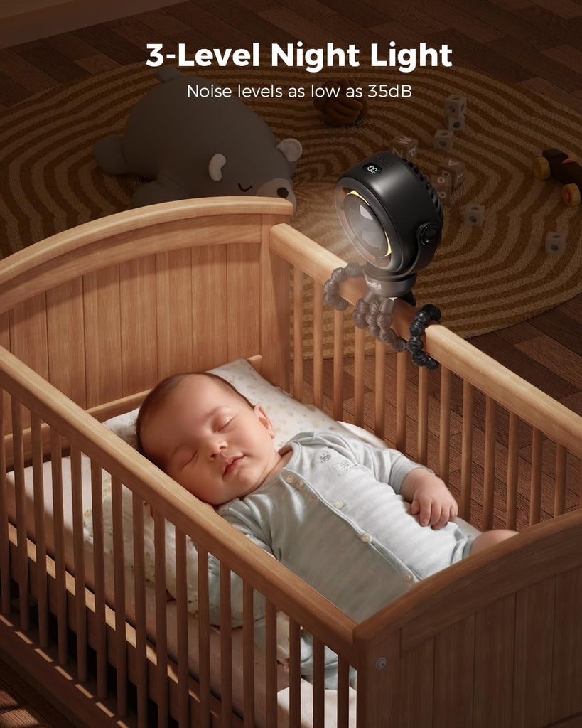 SWEETFULL Portable Pram Fan, 4 Speed Baby Stroller Fan, 360° Rotate Clip on Fan with LED Display & Night Light, 4000mAh Rechargeable Quiet Mini Safe Fan for Desk, Car Seat, Hand, Travel, Black