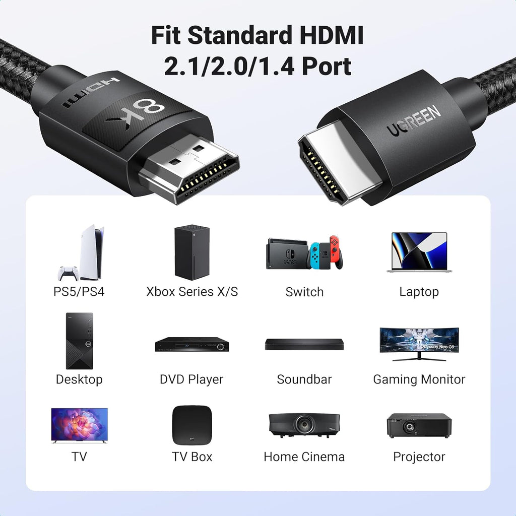 UGREEN 8K@60Hz Certified HDMI 2.1 Cable 2M Ultra Speed 10K 60Hz 4K 240Hz Braided Cord Support 48Gbps Dynamic HDR eARC Dolby Atmos HDCP Compatible with PS5 PS4 Xbox Roku TV HDTV Blu-ray Projector