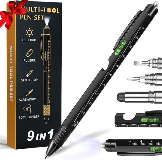 Gifts for Men, 9 in 1 Multitool Pen Set - LED Light, Touchscreen Stylus, Ruler, Level, Bottle Opener, Phillips Screwdriver, Flathead, and Ballpoint Pen - Birthday Gifts for Men, Dad, Husband (Black)