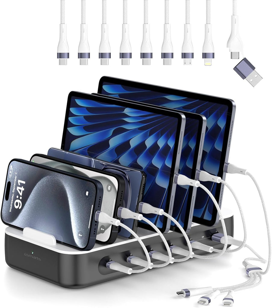 4smarts 100W USB C Charging Station for Multiple Devices, 6 Port Multi Device Fast Charging Hub, Office & Home Workstations for iPhone iPad Tablets Android Devices Space Grey (6 Cables Included)