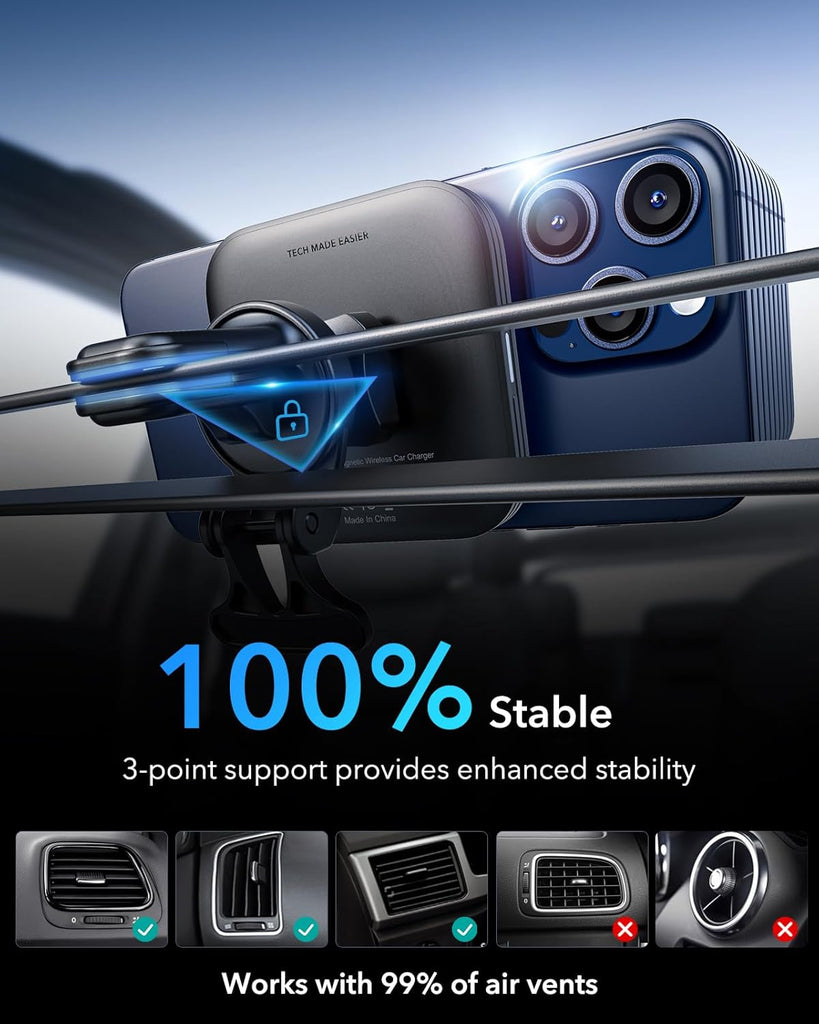 ESR for Qi2 15W MagSafe Car Mount Charger, Qi2-Certified MagSafe Car Charger, Air Vent/Dashboard Magnetic Wireless Car Charger,Car Phone Holder Mount for iPhone 17/16/Google Pixel 10/S25,Fast Charging