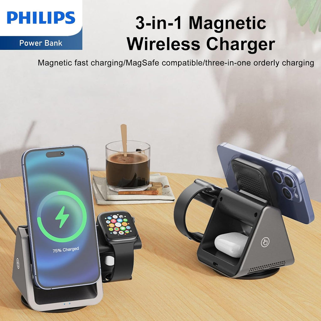 PHILIPS 3 in 1 Wireless Charging Station with Magsafe Qi | iPhone 17 Air 16 | iWatch | Airpod | Multiple Charger Devices Station| Desktop/Portable Foldable Reliable 3X Devices with Ring & Decal (V2)