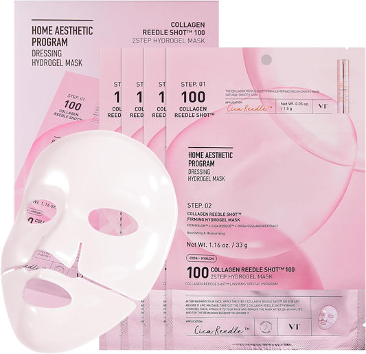 VT COSMETICS Collagen Reedle Shot 100 2-Step Hydrogel Mask(34.5gx4ea), Intensive Firming, Exosome 500Da Collagen Face Mask, Skin Elasticity & Fine Lines, Overnight Melting Mask, Korean Facial Mask (vita)