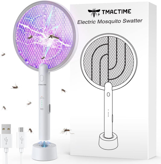 TMACTIME Electric Fly Swatter,4000V Electric Bug Killer with USB Charging 3 Layer Mesh Outdoor Indoor Fly Swatter Electric Zapper for Mosquitoes,Bees,Moths (White)