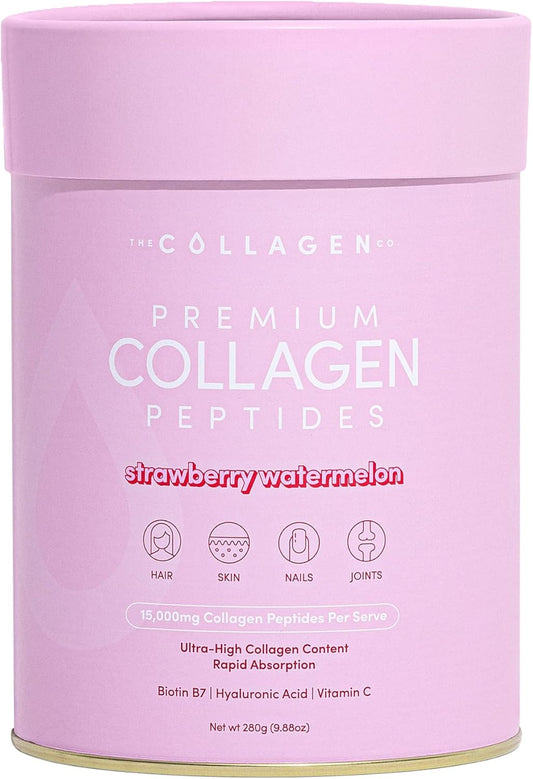 The Collagen Co. Premium Collagen Powder With Vitamin C And Biotin - Nurtures Healthy Hair, Glow Skin, Fortifies Joints, And Bones - Strawberry Watermelon Collagen In A 14-Serve Loose Powder (280g)