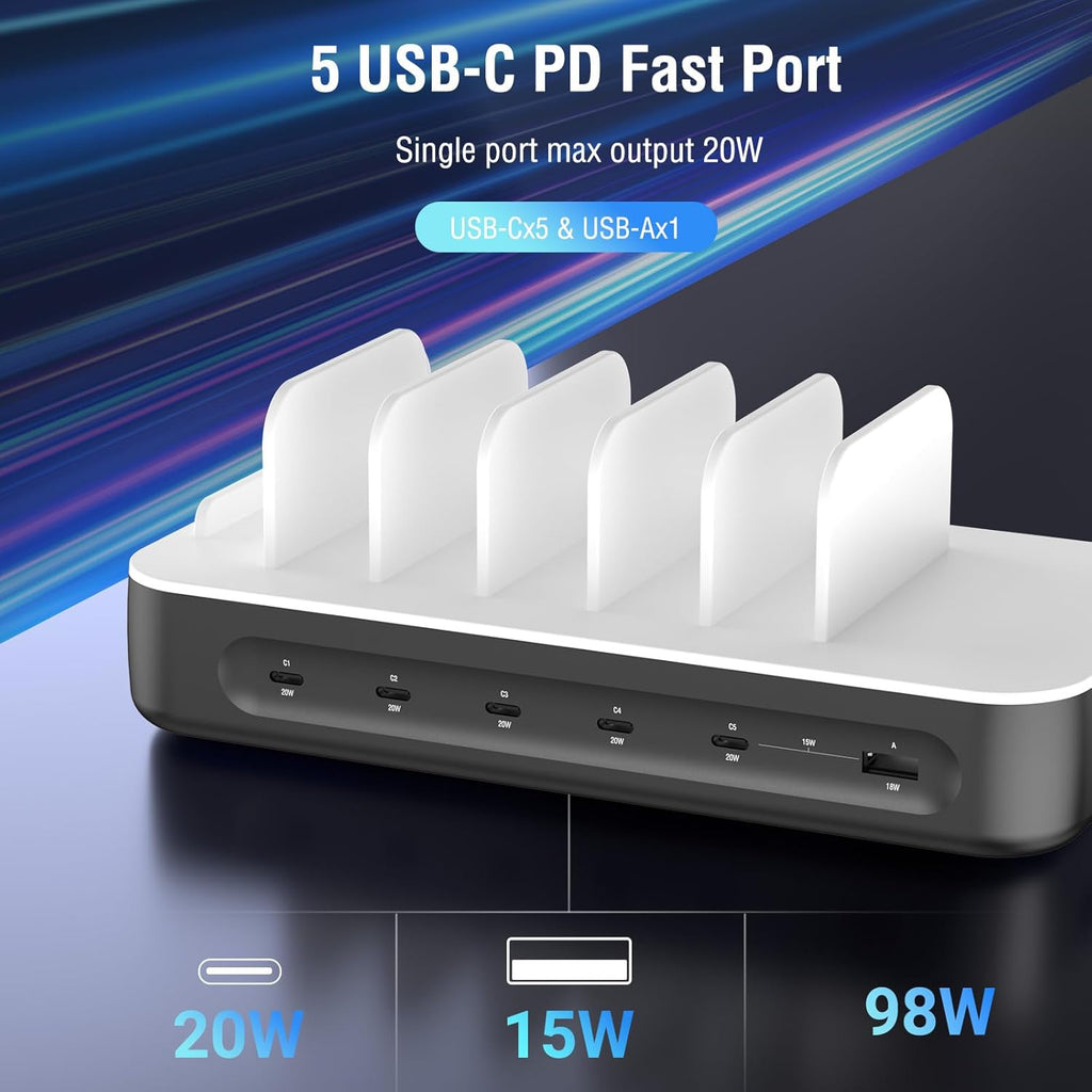 4smarts 100W USB C Charging Station for Multiple Devices, 6 Port Multi Device Fast Charging Hub, Office & Home Workstations for iPhone iPad Tablets Android Devices Space Grey (6 Cables Included)