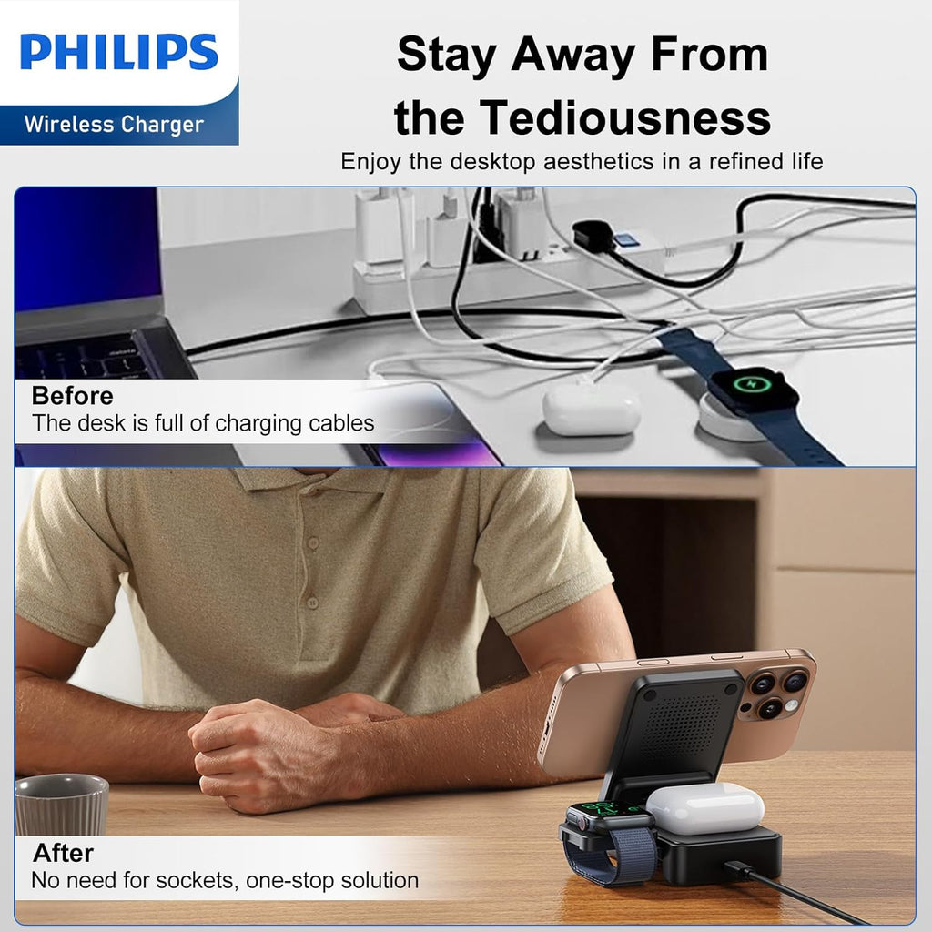 PHILIPS 3 in 1 Wireless Charging Station with Magsafe Qi | iPhone 17 Air 16 | iWatch | Airpod | Multiple Charger Devices Station| Desktop/Portable Foldable Reliable 3X Devices with Ring & Decal (V2)