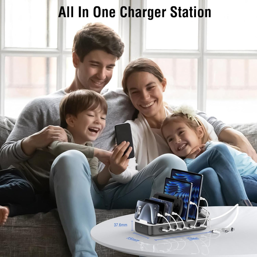 4smarts 100W USB C Charging Station for Multiple Devices, 6 Port Multi Device Fast Charging Hub, Office & Home Workstations for iPhone iPad Tablets Android Devices Space Grey (6 Cables Included)