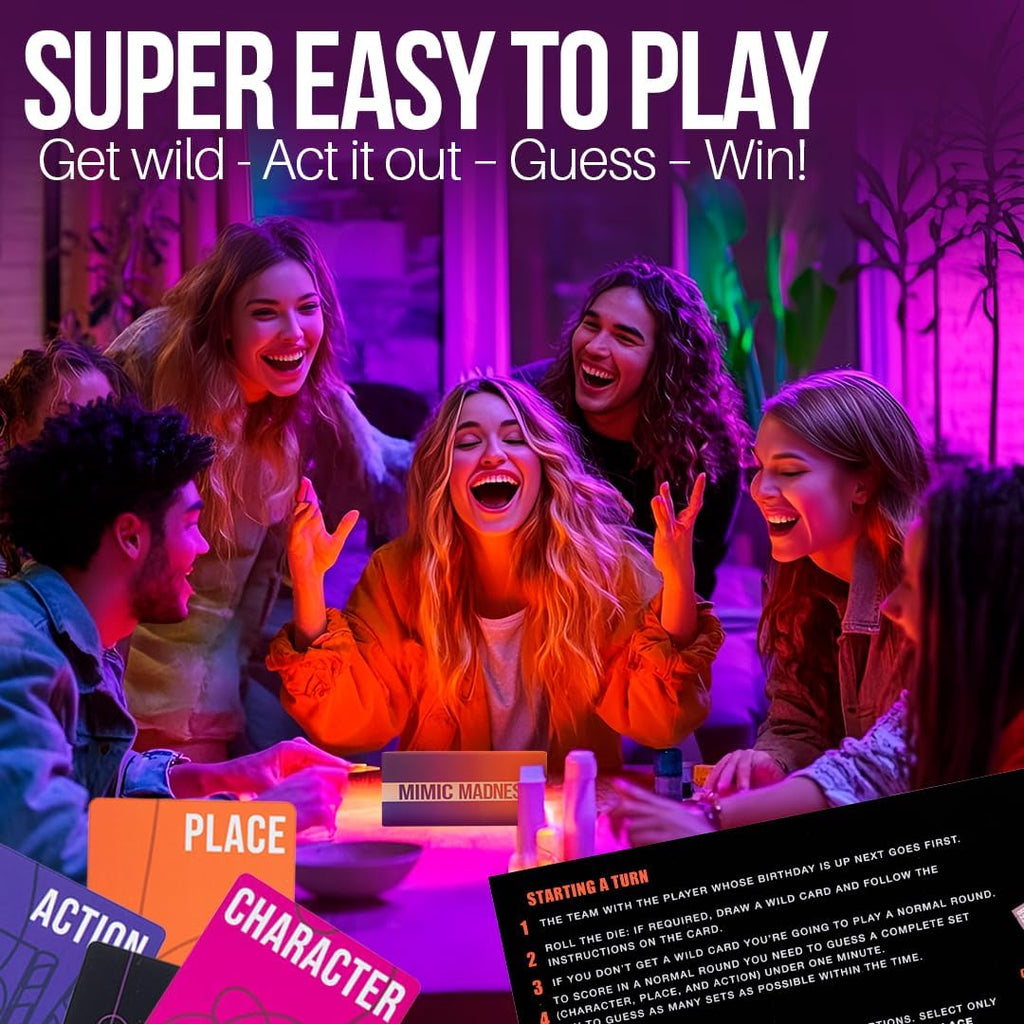 Why Don't We Nights Mimic Madness Game, Charades with 3 Categories: Characters, Place, Action