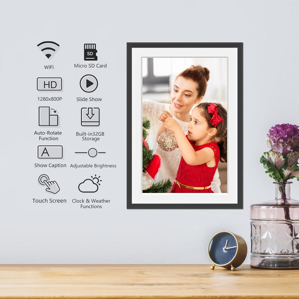 𝟯𝟮𝗚𝗕 Digital Photo Frame, 10.1" WiFi Digital Picture Frame with 1280x800 IPS HD Touchscreen, Auto-Rotate Wall Mountable, Micro SD, Easy Share Photos or Videos via Fr-ee App from Anywhere