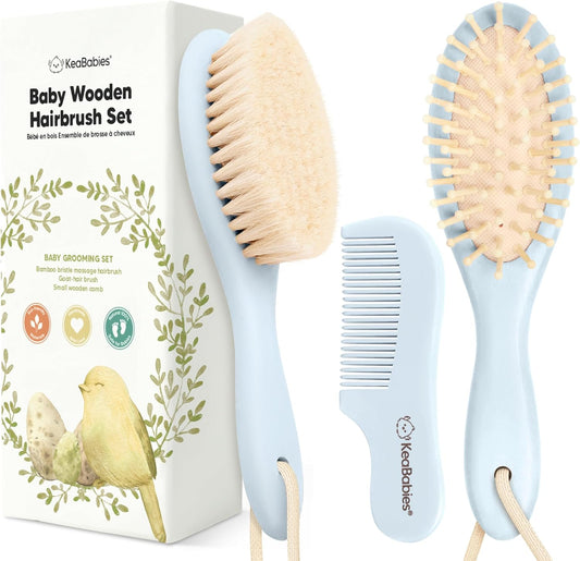 Baby Hair Brush Set for Newborns - Soft Goat Bristle Wooden Baby Brush and Comb Set Newborn Grooming Kit for Cradle Cap, Durable & Gentle, Boy, Girl Infant Essentials Care Kit (Oval, Walnut)