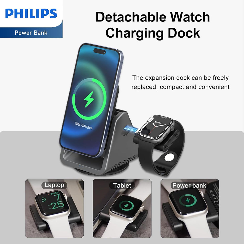 PHILIPS 3 in 1 Wireless Charging Station with Magsafe Qi | iPhone 17 Air 16 | iWatch | Airpod | Multiple Charger Devices Station| Desktop/Portable Foldable Reliable 3X Devices with Ring & Decal (V2)