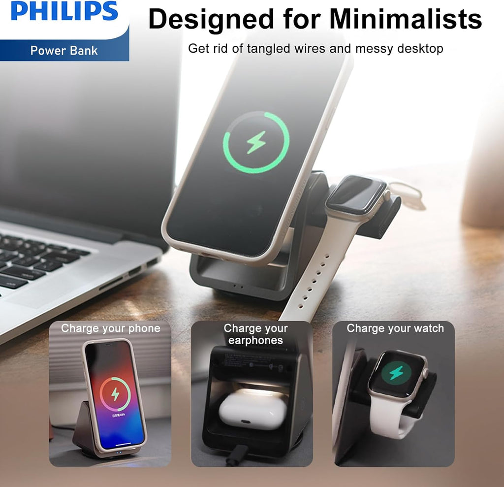 PHILIPS 3 in 1 Wireless Charging Station with Magsafe Qi | iPhone 17 Air 16 | iWatch | Airpod | Multiple Charger Devices Station| Desktop/Portable Foldable Reliable 3X Devices with Ring & Decal (V2)