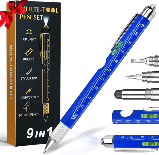 Gifts for Men, 9 in 1 Multitool Pen Set - LED Light, Touchscreen Stylus, Ruler, Level, Bottle Opener, Phillips Screwdriver, Flathead, and Ballpoint Pen - Birthday Gifts for Men, Dad, Husband (Black)