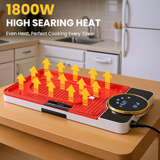 Advwin Electric Grill Pan, Electric Hot Plate with LCD Touchscreen, Non-Stick Griddle Plate for Family, Adjustable Temperature & Timer, Removable Oil Drip Tray, Smokeless Family Grill for 2–8 People