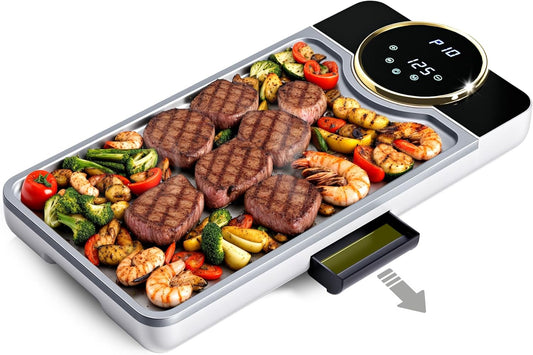 Advwin Electric Grill Pan, Electric Hot Plate with LCD Touchscreen, Non-Stick Griddle Plate for Family, Adjustable Temperature & Timer, Removable Oil Drip Tray, Smokeless Family Grill for 2–8 People